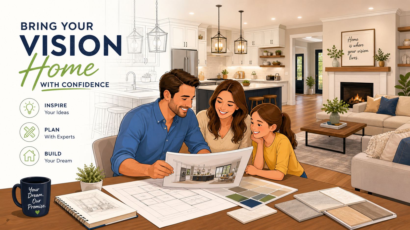 A happy family looking at blueprints and interior design samples to plan their new dream home.