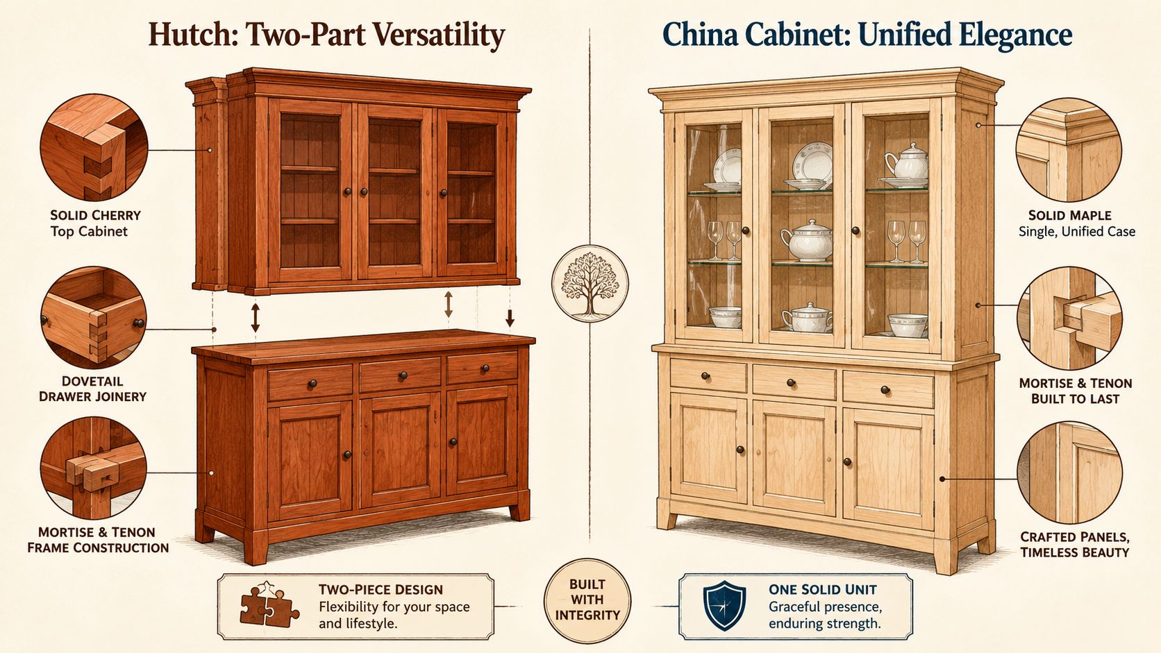 An infographic comparing a two-part wooden hutch to a single-unit solid maple china cabinet with detailed joinery labels.