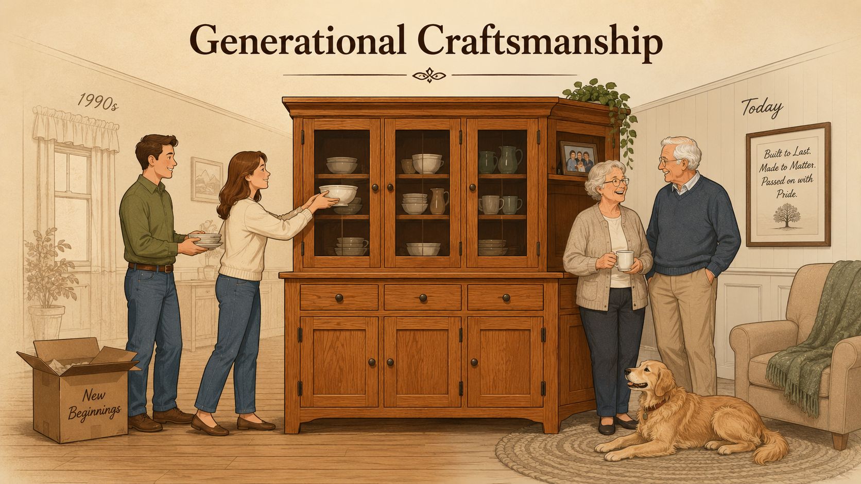 A split illustration showing a couple setting up a wooden hutch in the 1990s and today.