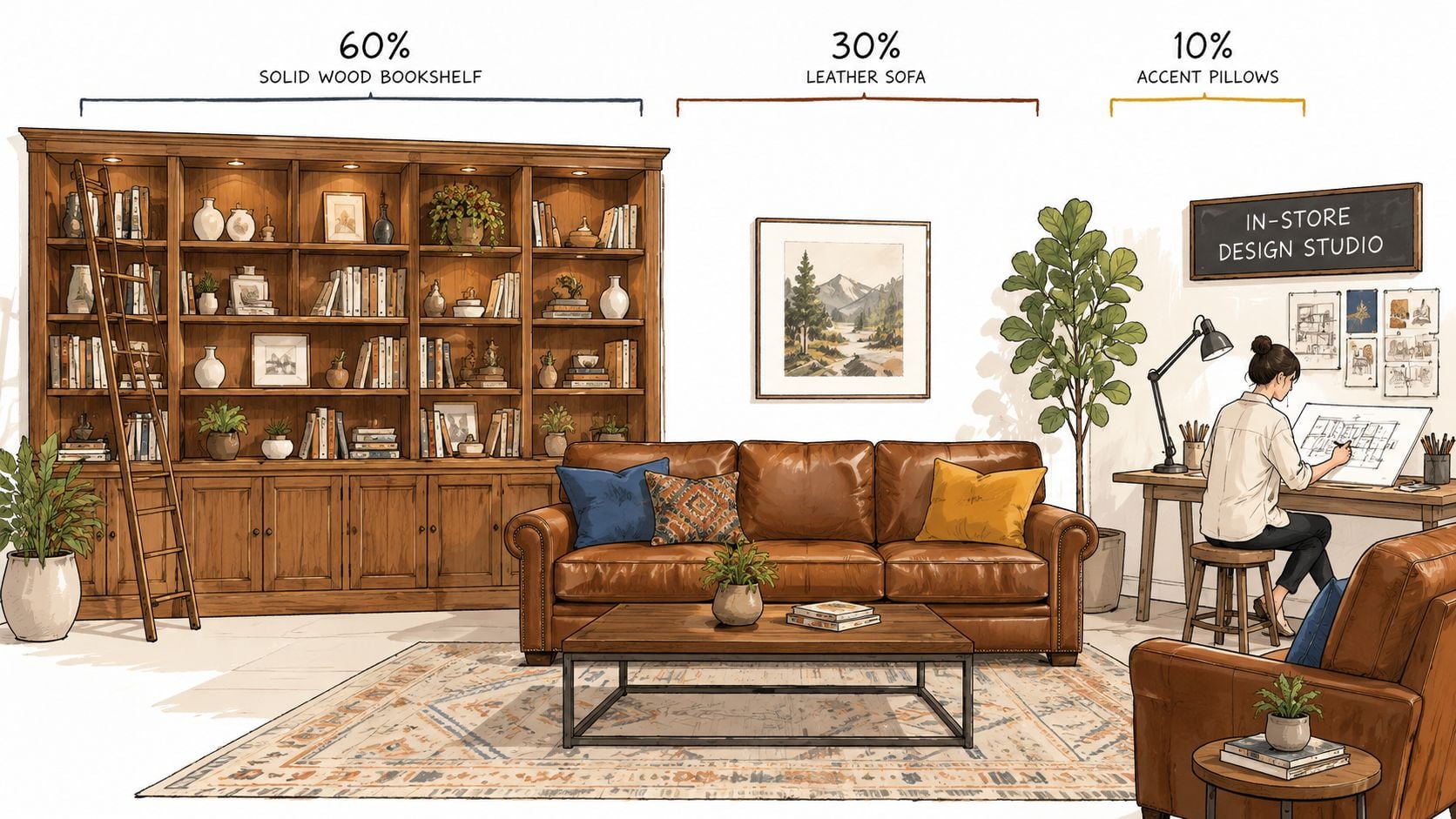 An interior design studio featuring a large wooden bookshelf, a leather sofa, and a designer at work.