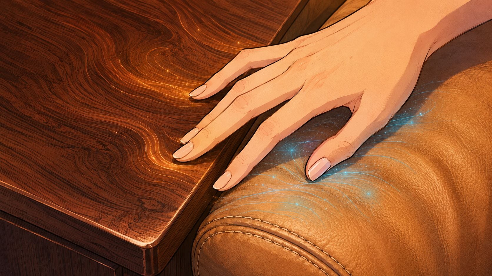 A close-up of a human hand resting on a polished wooden desk next to a leather chair