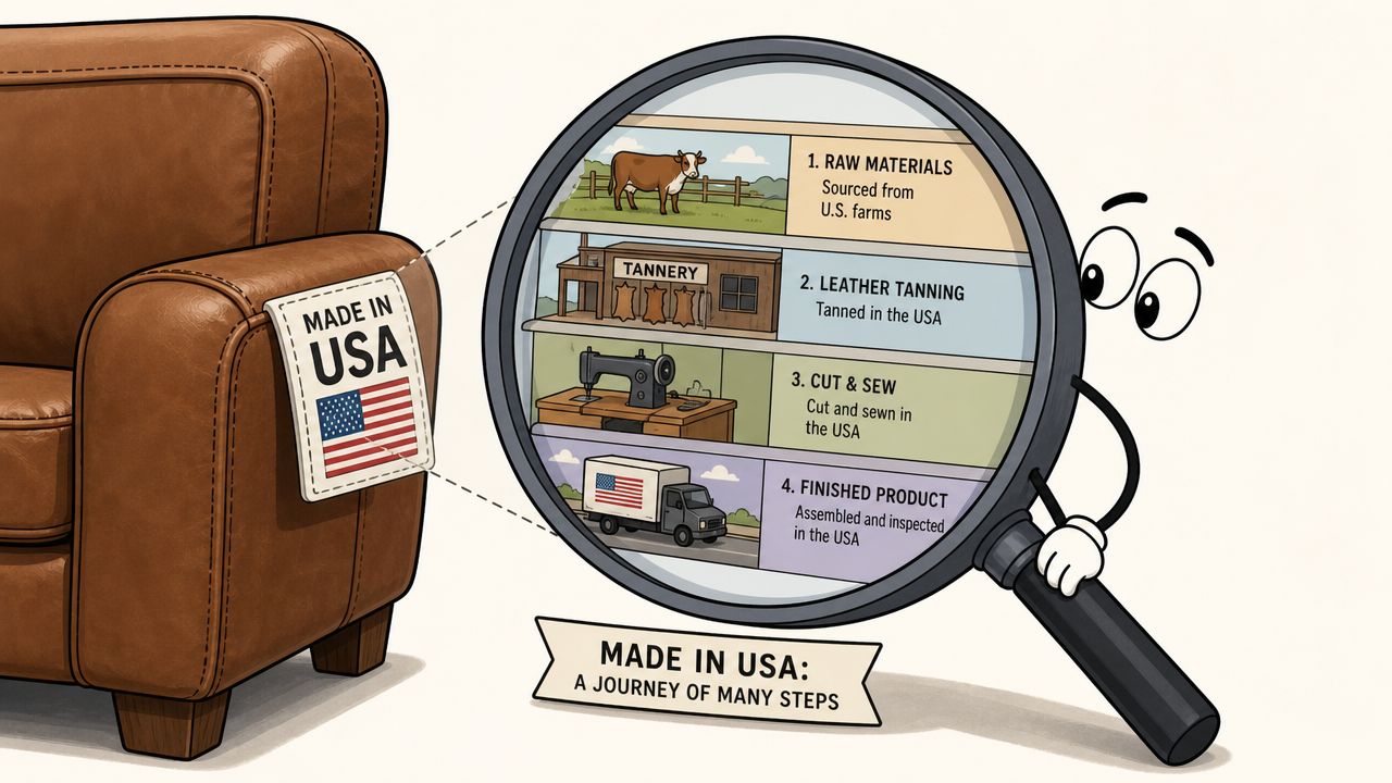 A magnifying glass inspecting the four-step manufacturing process of leather furniture labeled Made in USA.