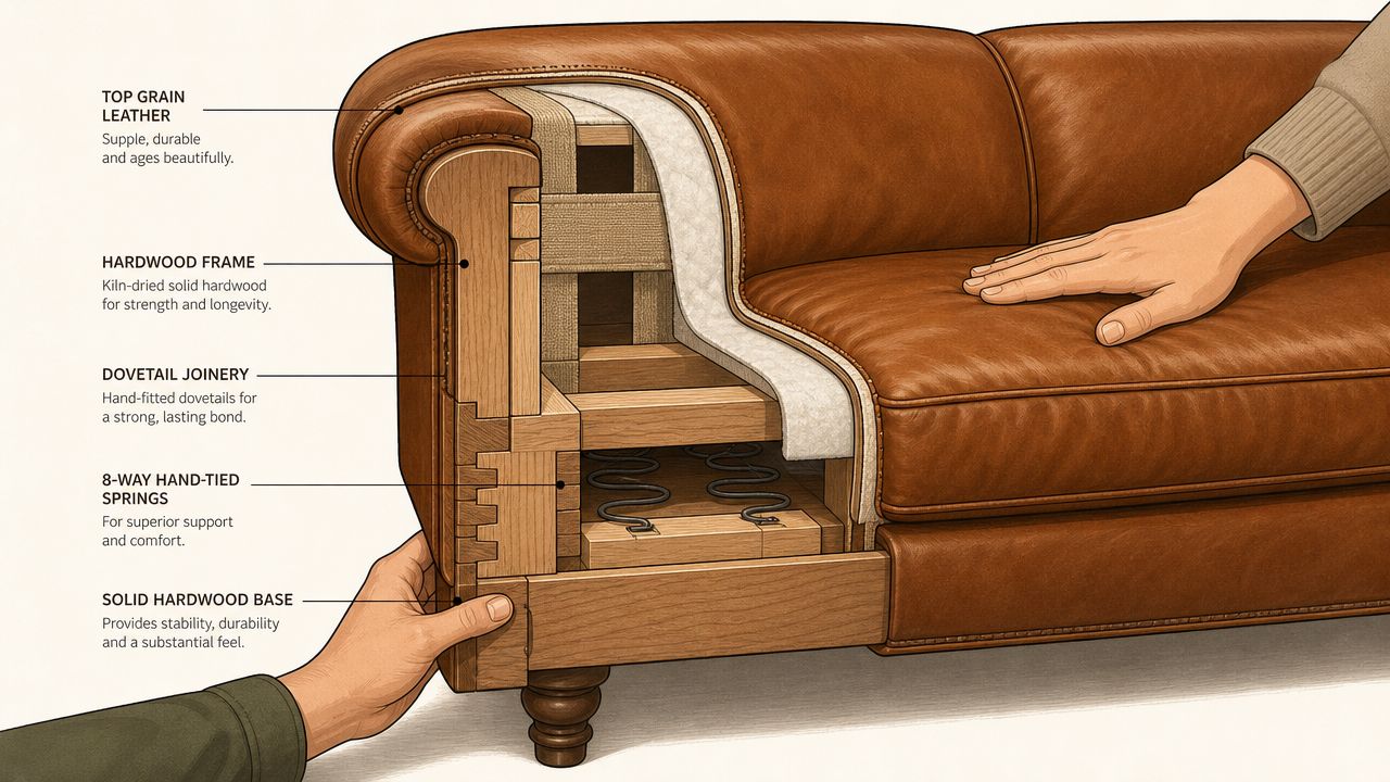 A cutaway illustration of a leather sofa showing internal construction details like hardwood frames and springs.