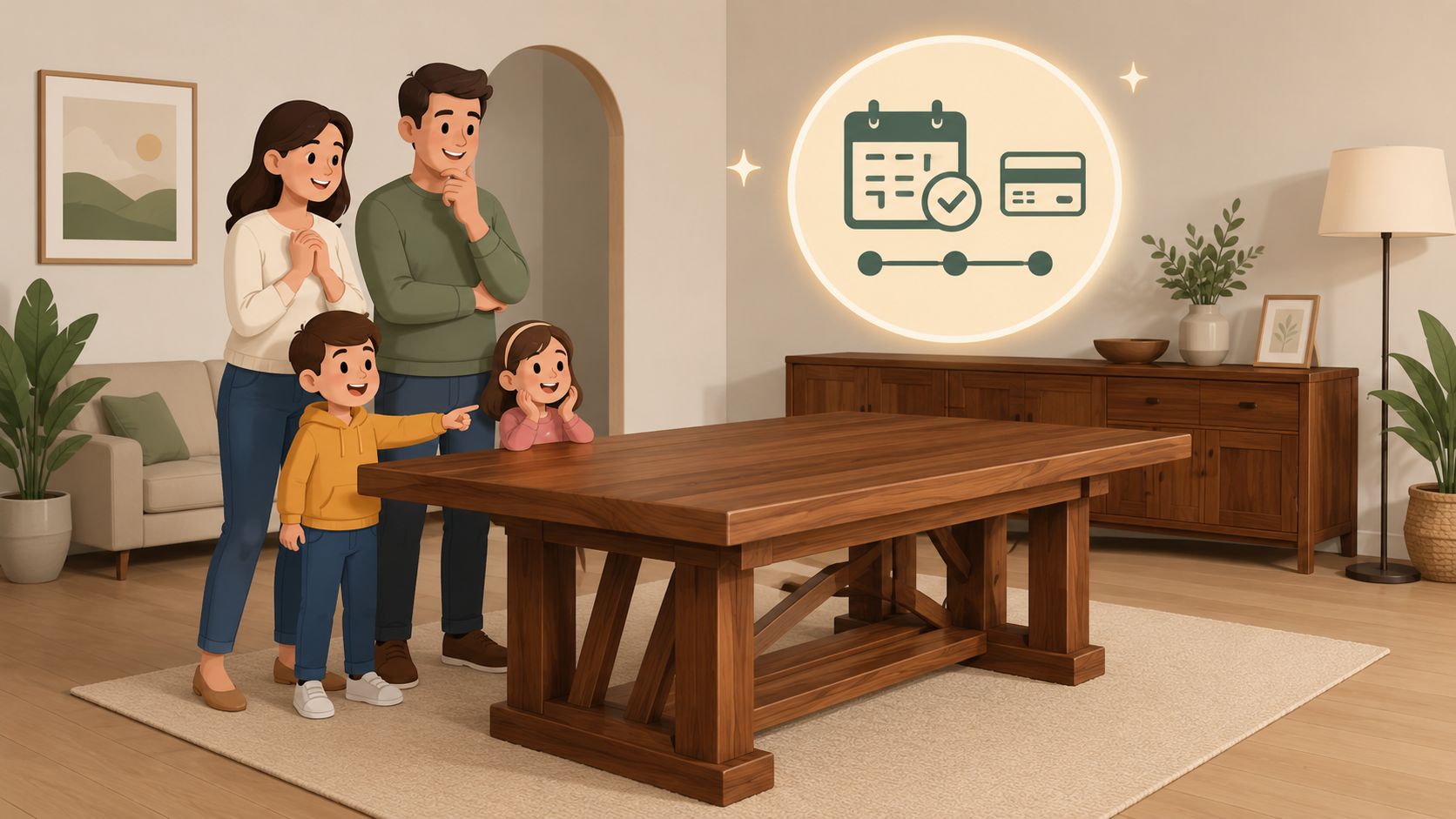 A happy family looking at a digital illustration representing easy mattress financing options and installment plans.