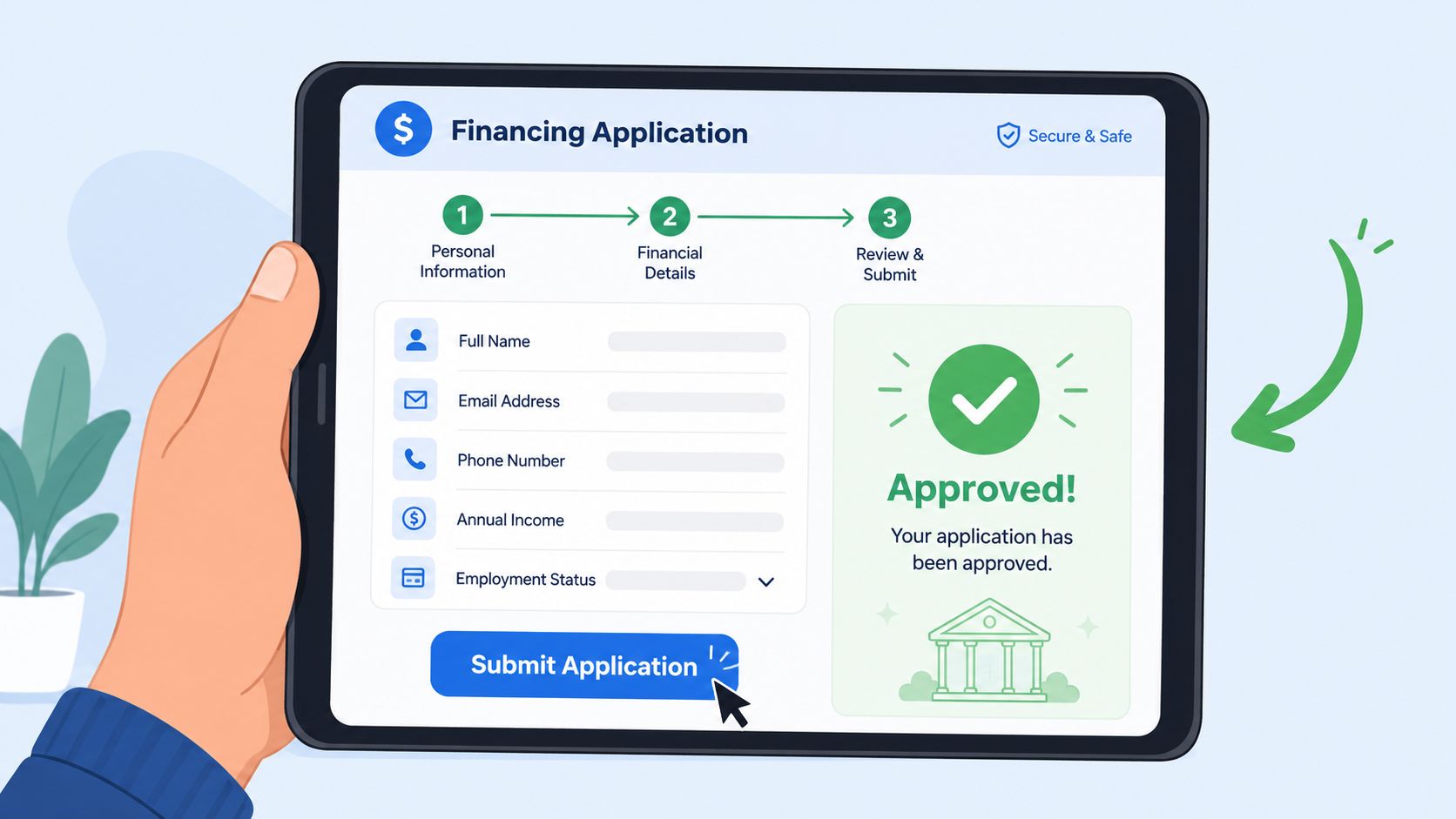 A digital tablet held in hand displaying an online financing application form with an approved status.