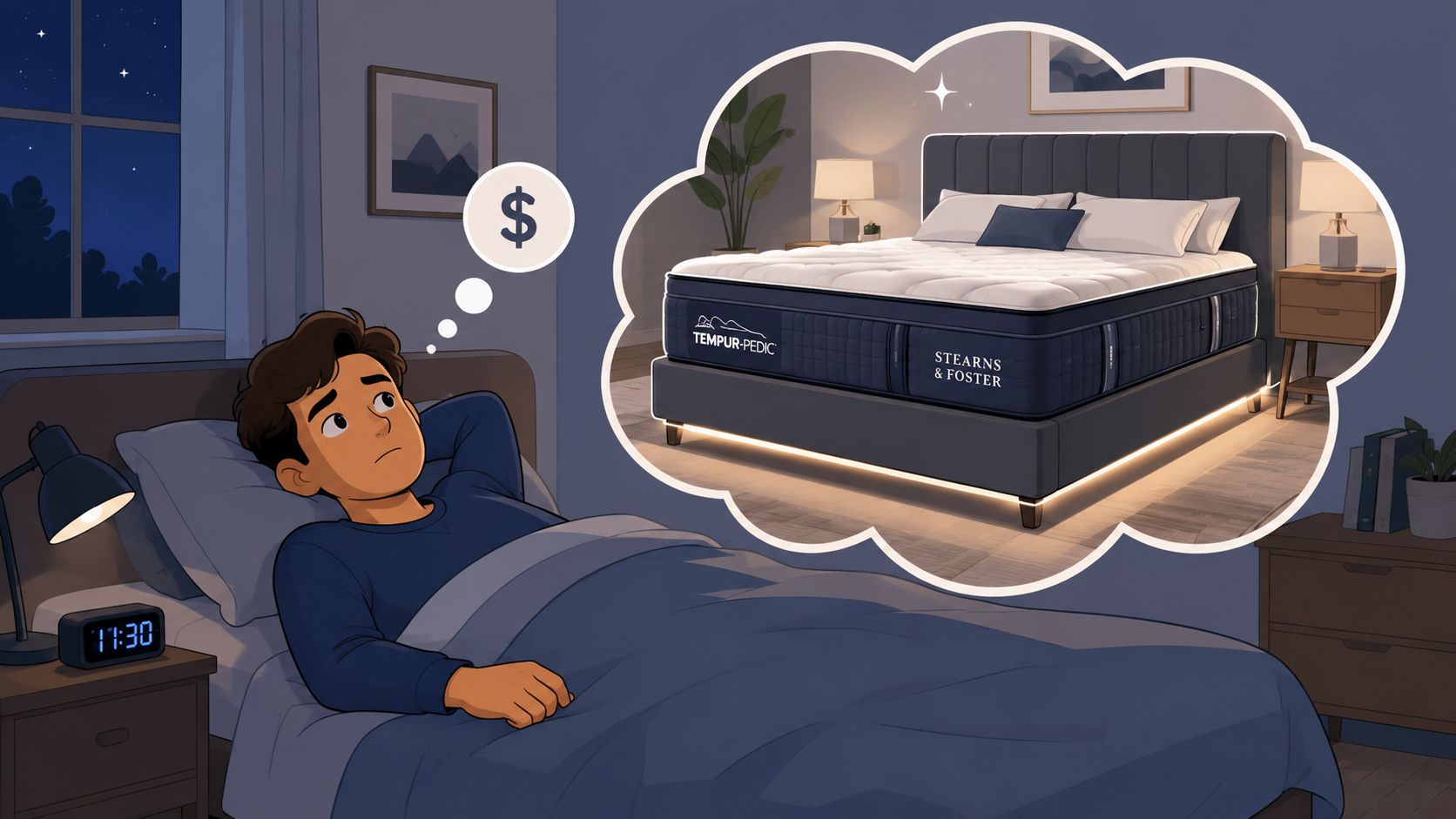 A person lying in bed at night thinking about the high cost of purchasing a premium mattress.