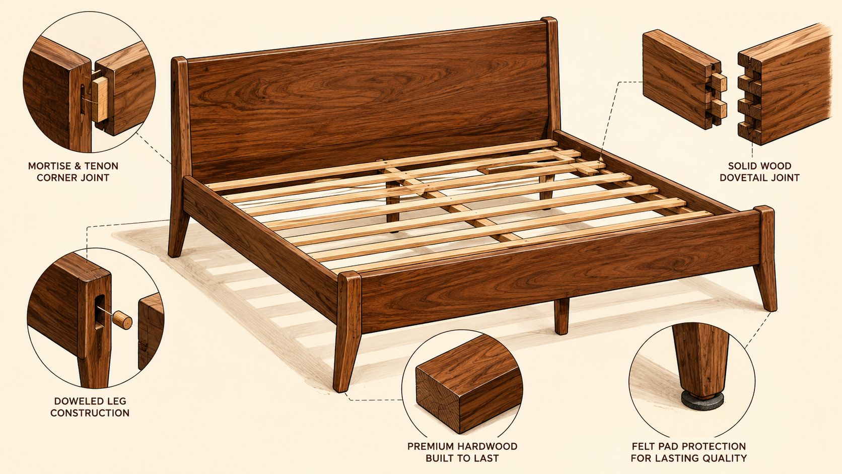 A detailed illustration of a mid-century wood bed frame showing various joinery techniques and quality construction features.