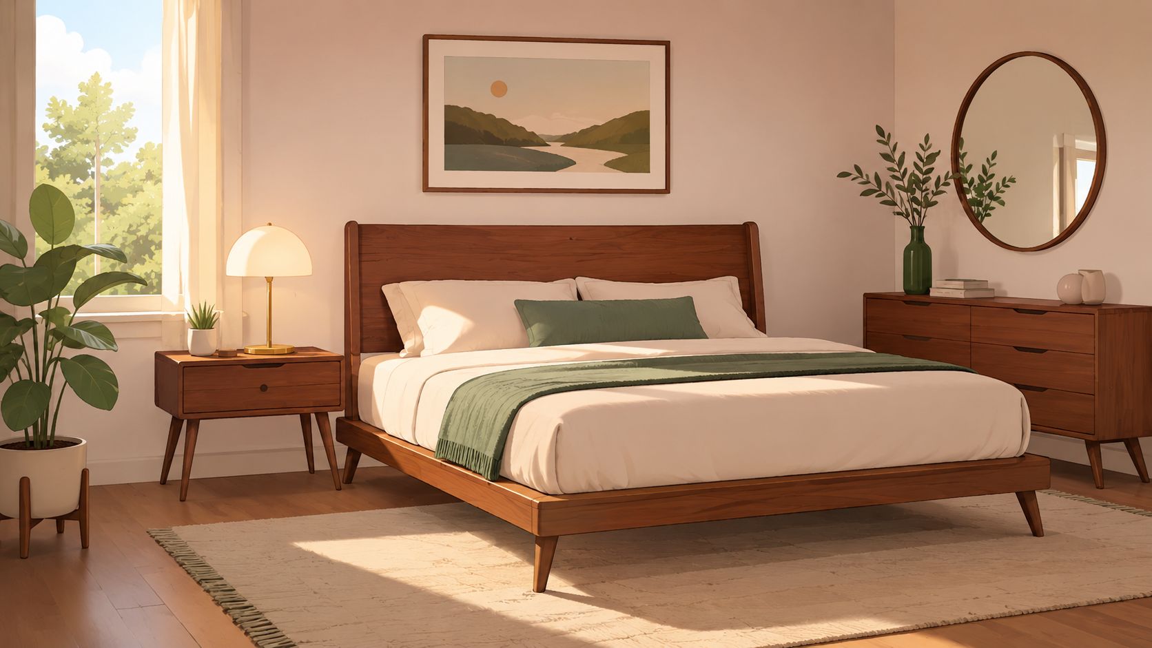 A warm, sunlit bedroom featuring a mid-century modern wooden bed frame with green accents and minimalist decor.