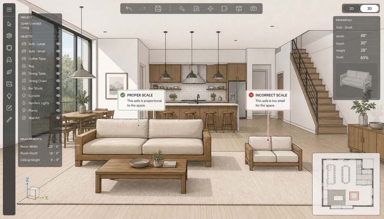 A digital interior design tool showing an open concept living room layout with sofa scaling options.