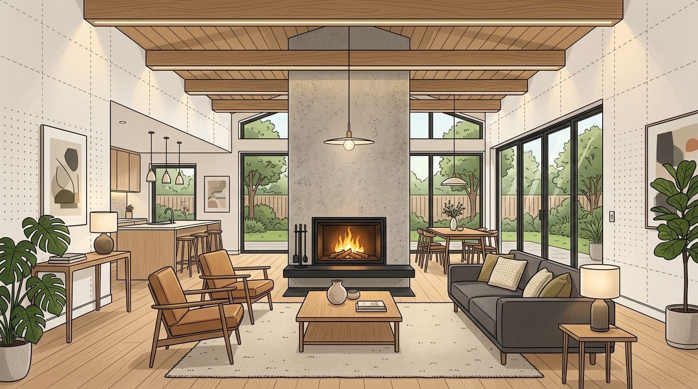A modern open concept living room featuring a central fireplace, wooden ceiling beams, and sliding glass doors.