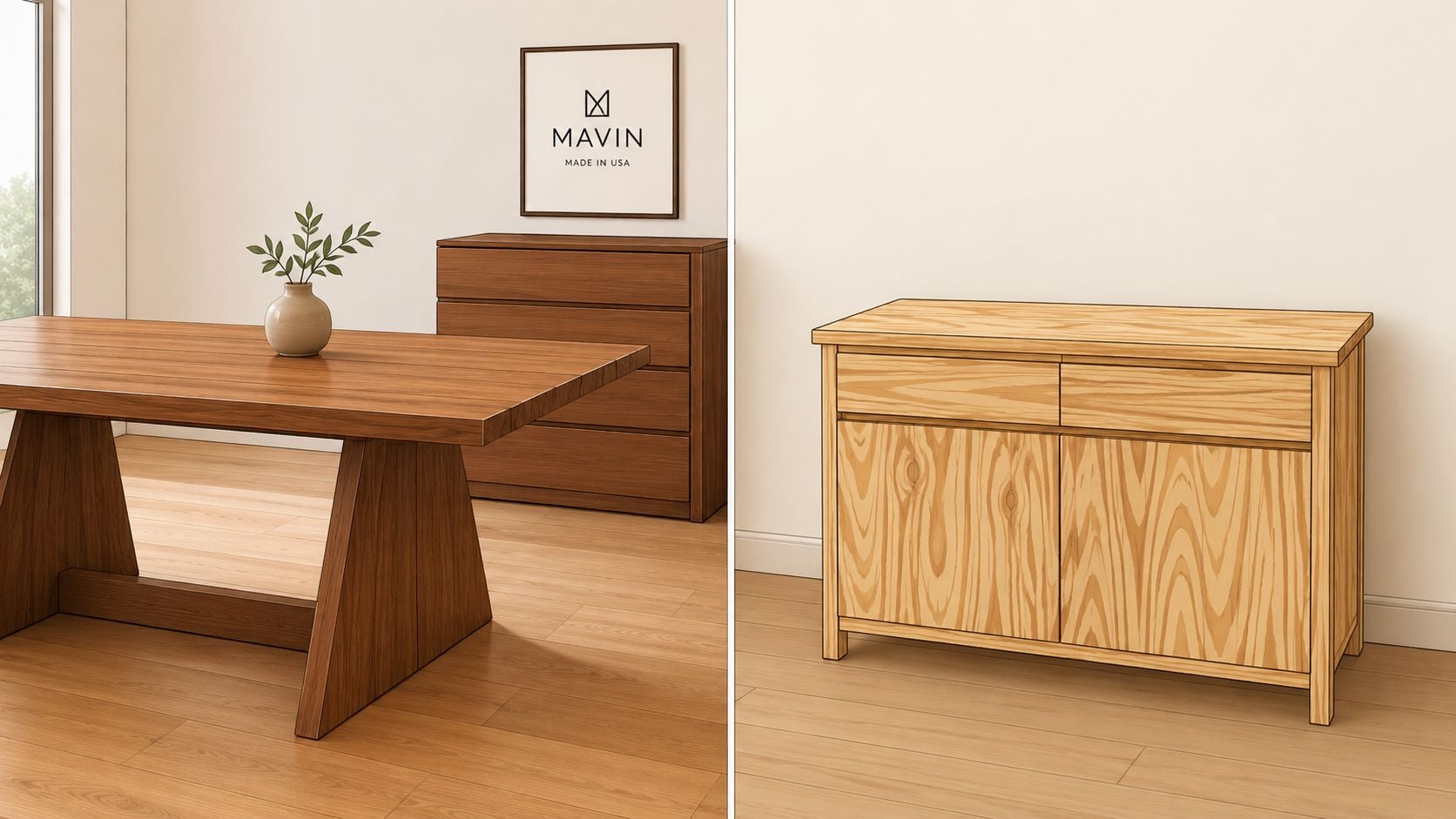 A side-by-side comparison showcasing furniture wood grain differences between quarter sawn and plain sawn oak lumber.