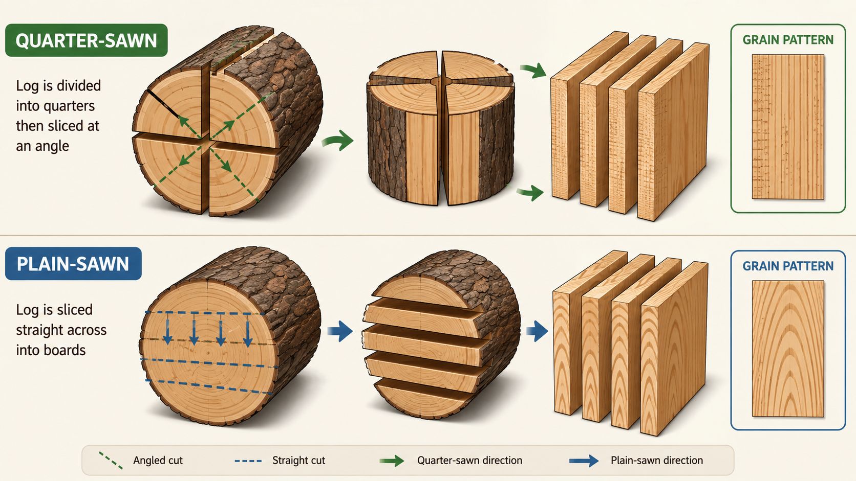 A diagram comparing the wood cutting processes of quarter-sawn versus plain-sawn lumber and their resulting grain patterns.