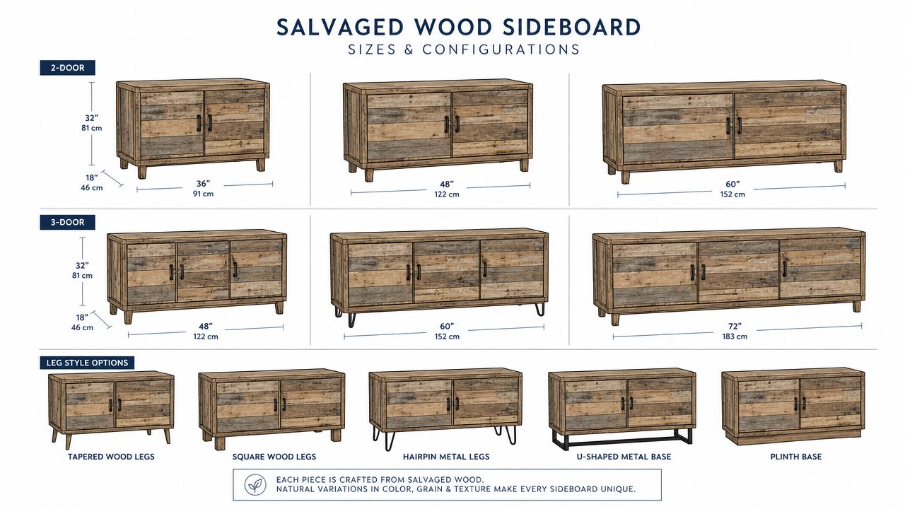 A product chart displaying various sizes, door configurations, and leg style options for a salvaged wood sideboard.