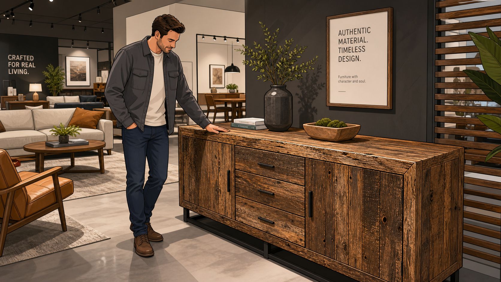 A man in a casual outfit standing in a furniture store next to a rustic salvaged wood sideboard.