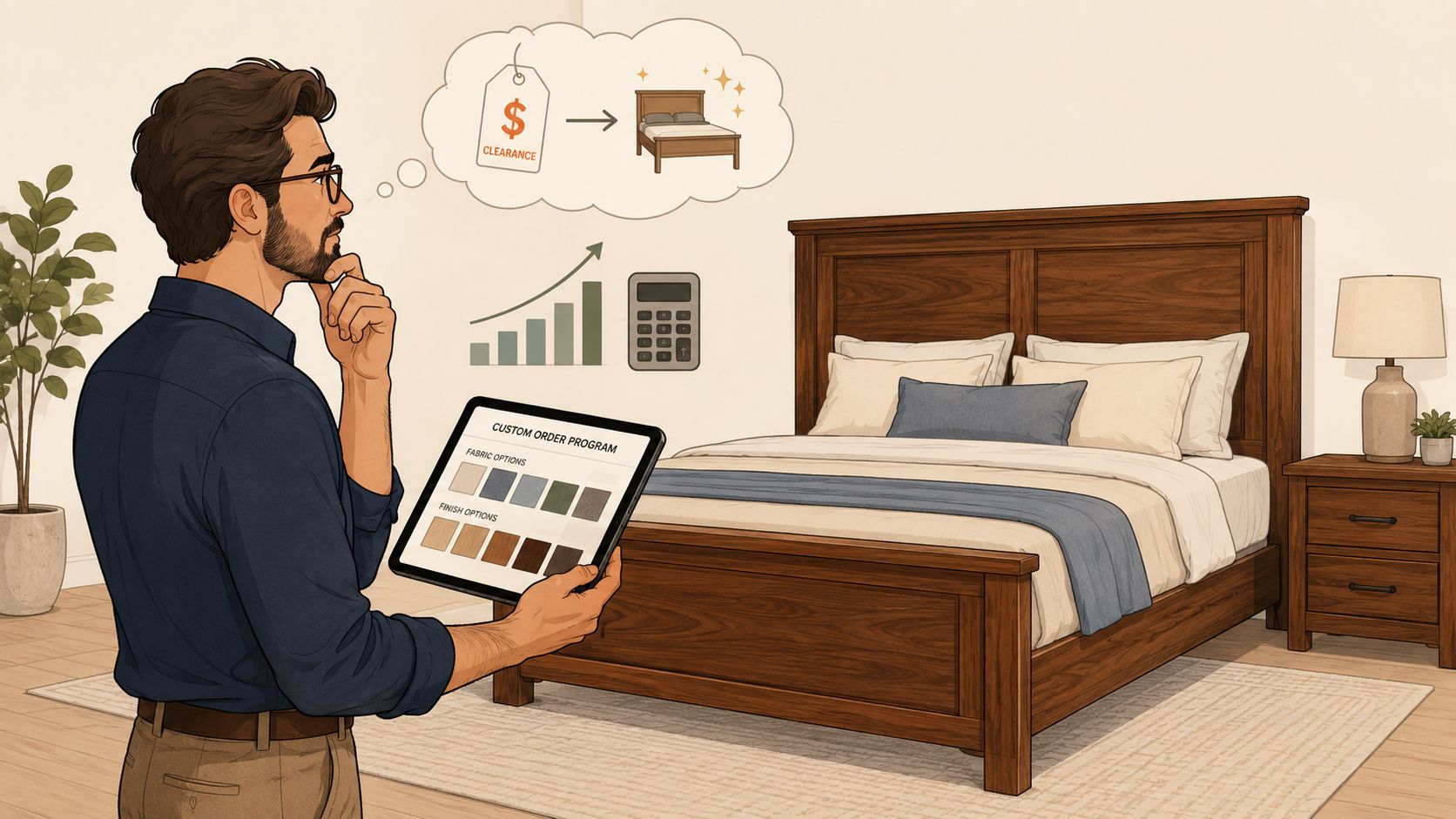 A man using a tablet to plan custom furniture while considering solid wood bedroom furniture clearance options.