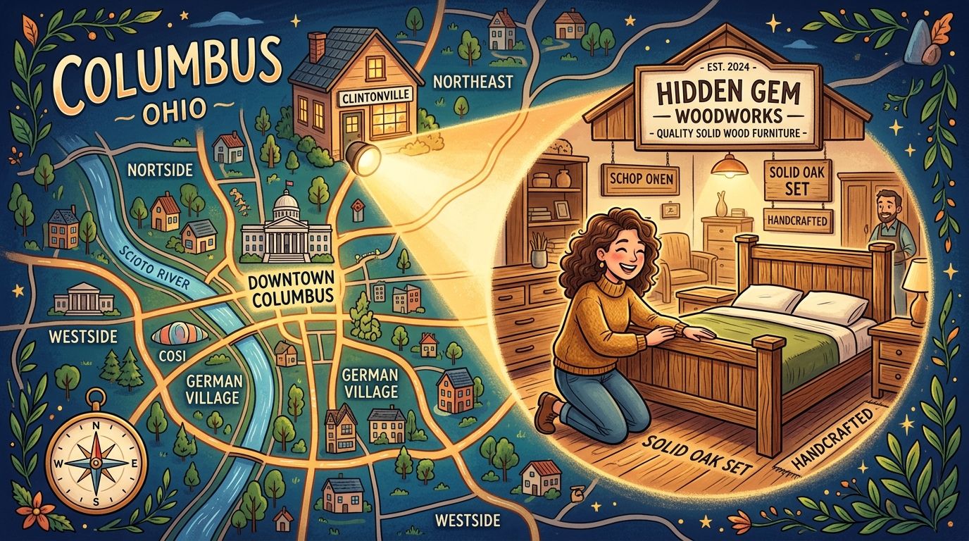 A map of Columbus, Ohio, highlighting Hidden Gem Woodworks with a cozy bedroom furniture scene inside.