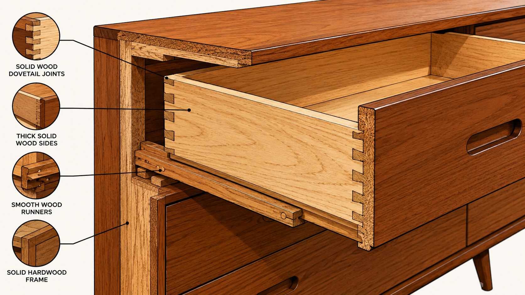 Detailed cutaway diagram showing the premium solid wood construction features of a mid-century modern dresser drawer.