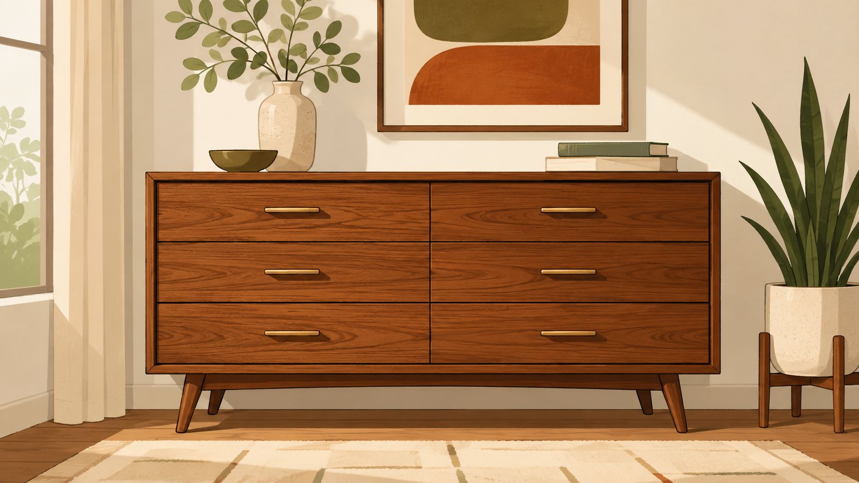 A solid wood mid-century modern dresser featuring six drawers and gold handles, placed in a bright living room.