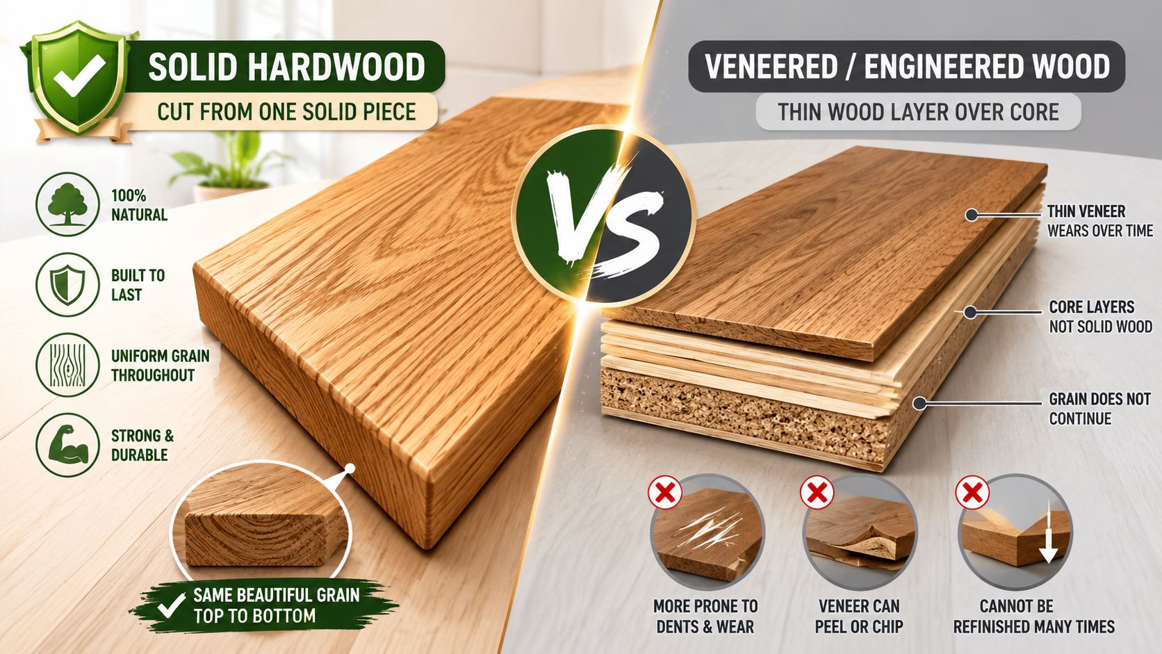 A comparative infographic showing the differences between solid hardwood and veneered engineered wood furniture construction.