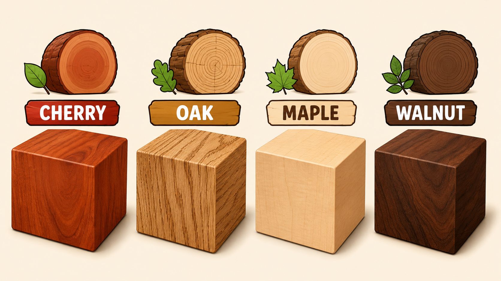 Four different types of wood logs and matching wooden blocks labeled cherry, oak, maple, and walnut.