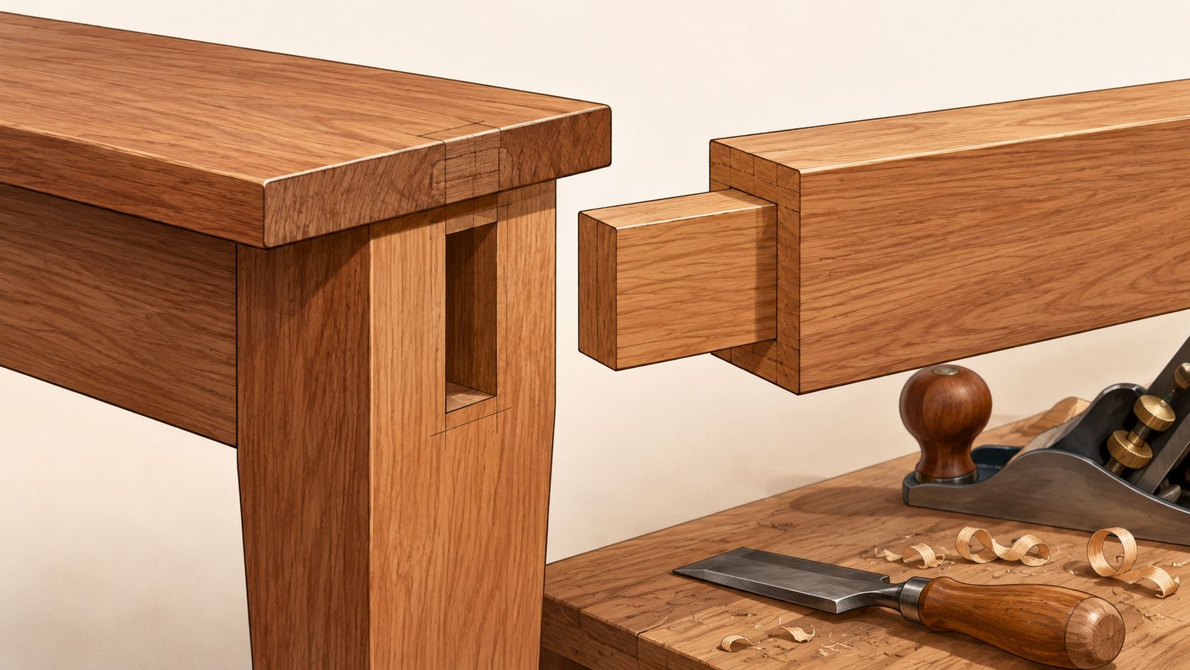 A close-up view of wooden furniture joint assembly with a mortise and tenon joint construction