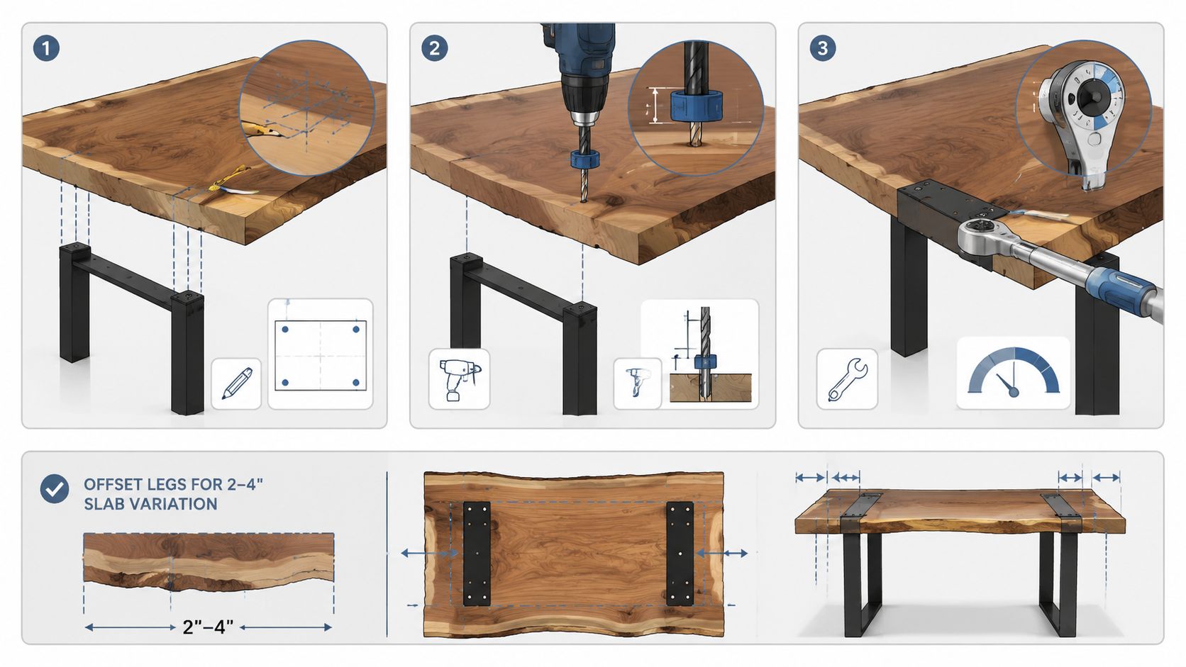 A three-step instructional diagram showing how to attach metal table legs to a live edge slab.