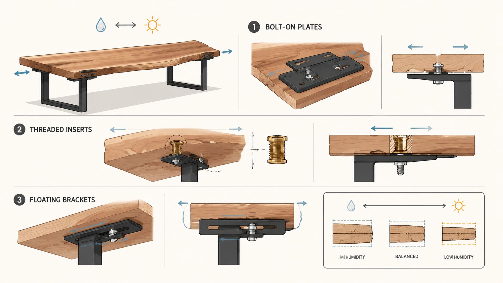 An instructional diagram showing three methods for attaching metal table legs to a live edge wooden slab.