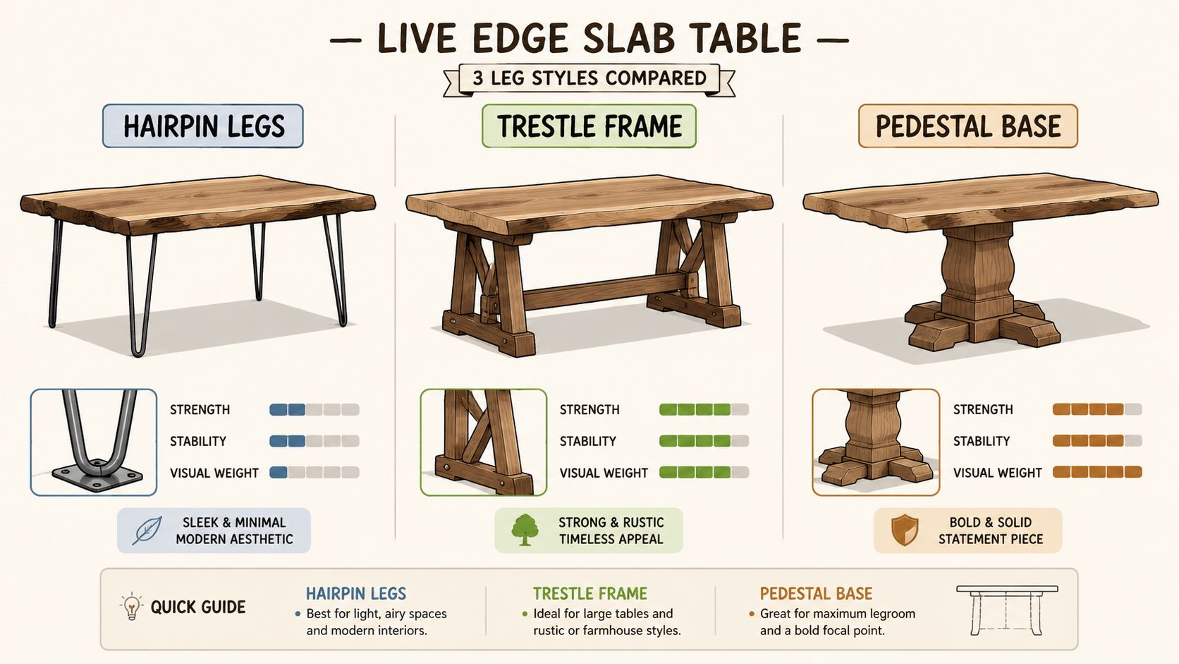 A comparison guide for three live edge slab table leg styles: hairpin, trestle, and pedestal.