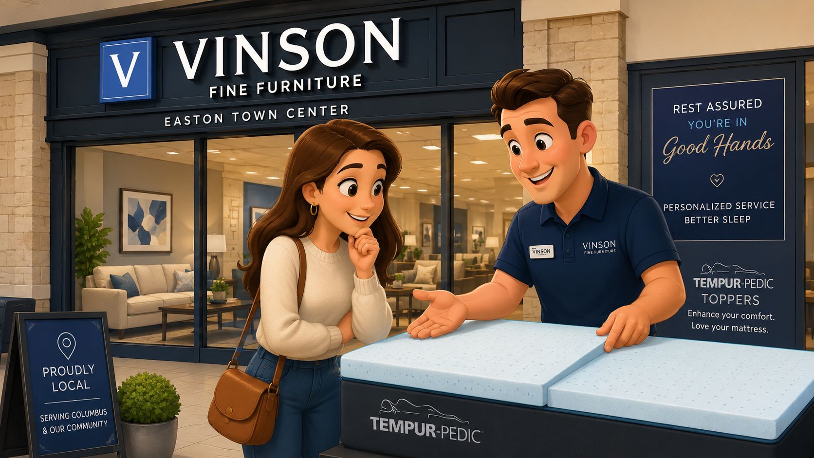 A friendly furniture store associate demonstrates a Tempur-Pedic mattress topper to a woman in front of the store.