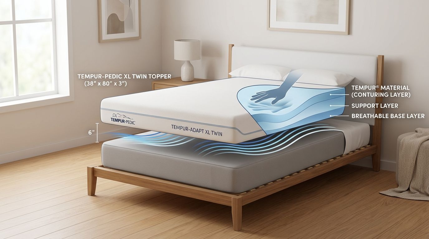 A cutaway view of a Tempur-Pedic XL Twin mattress topper displayed above a bed frame.
