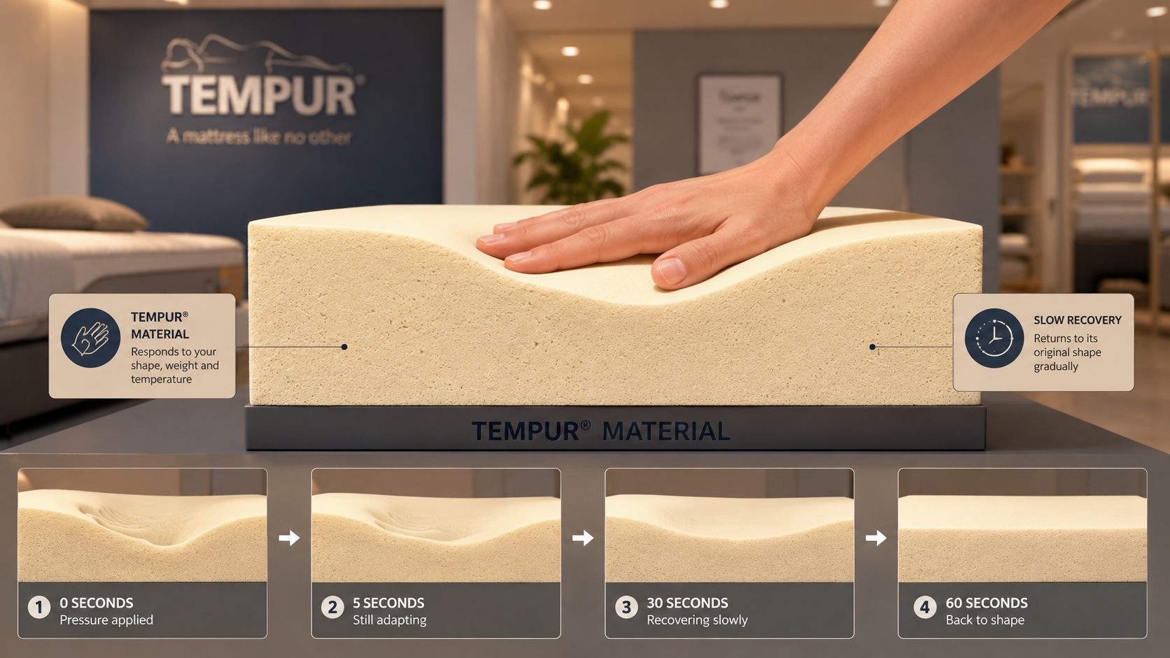 A hand presses into Tempur memory foam, demonstrating how it adapts to pressure and slowly recovers its shape.