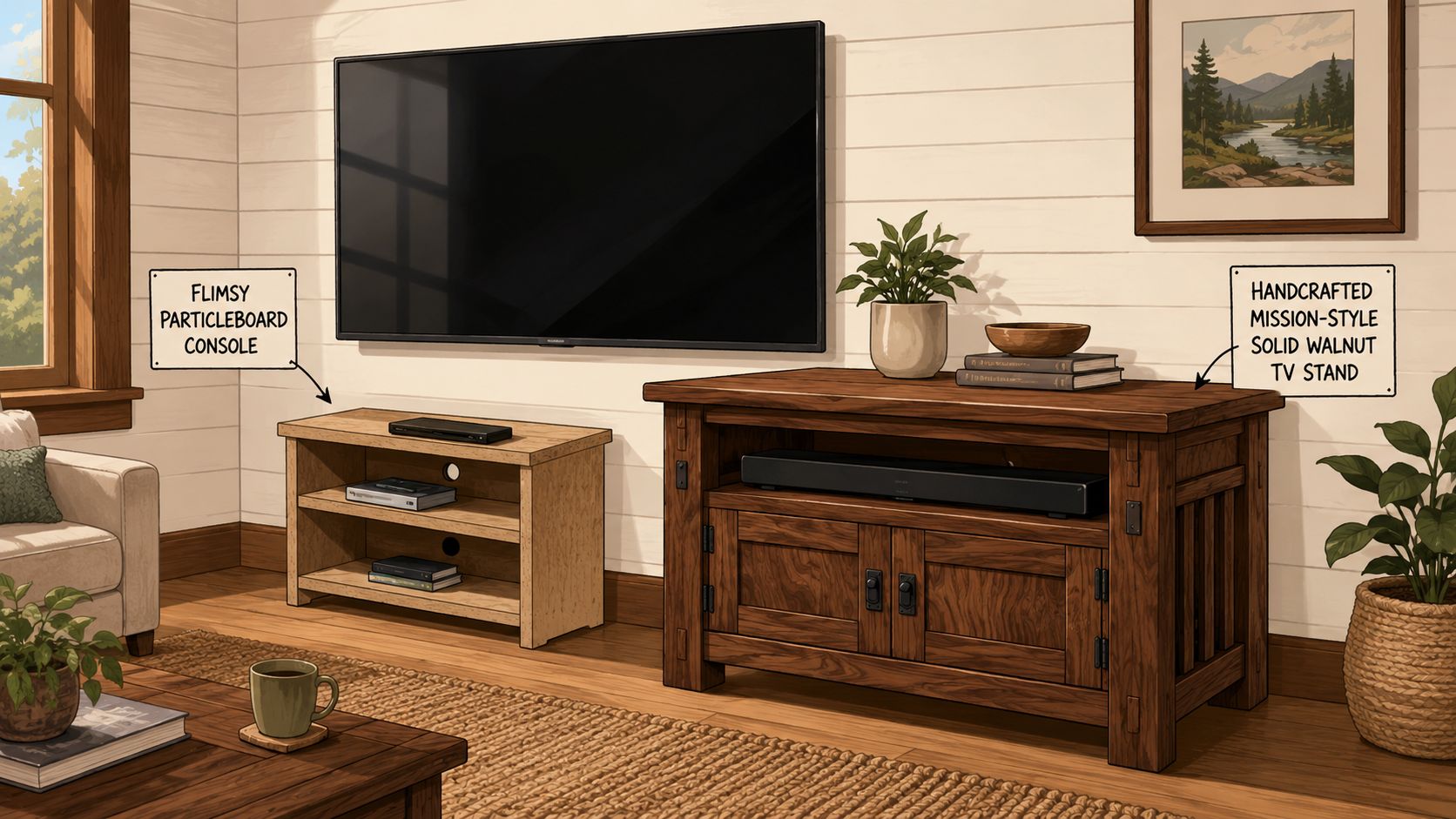 A living room comparison between a basic particleboard console and a handcrafted solid walnut TV stand.