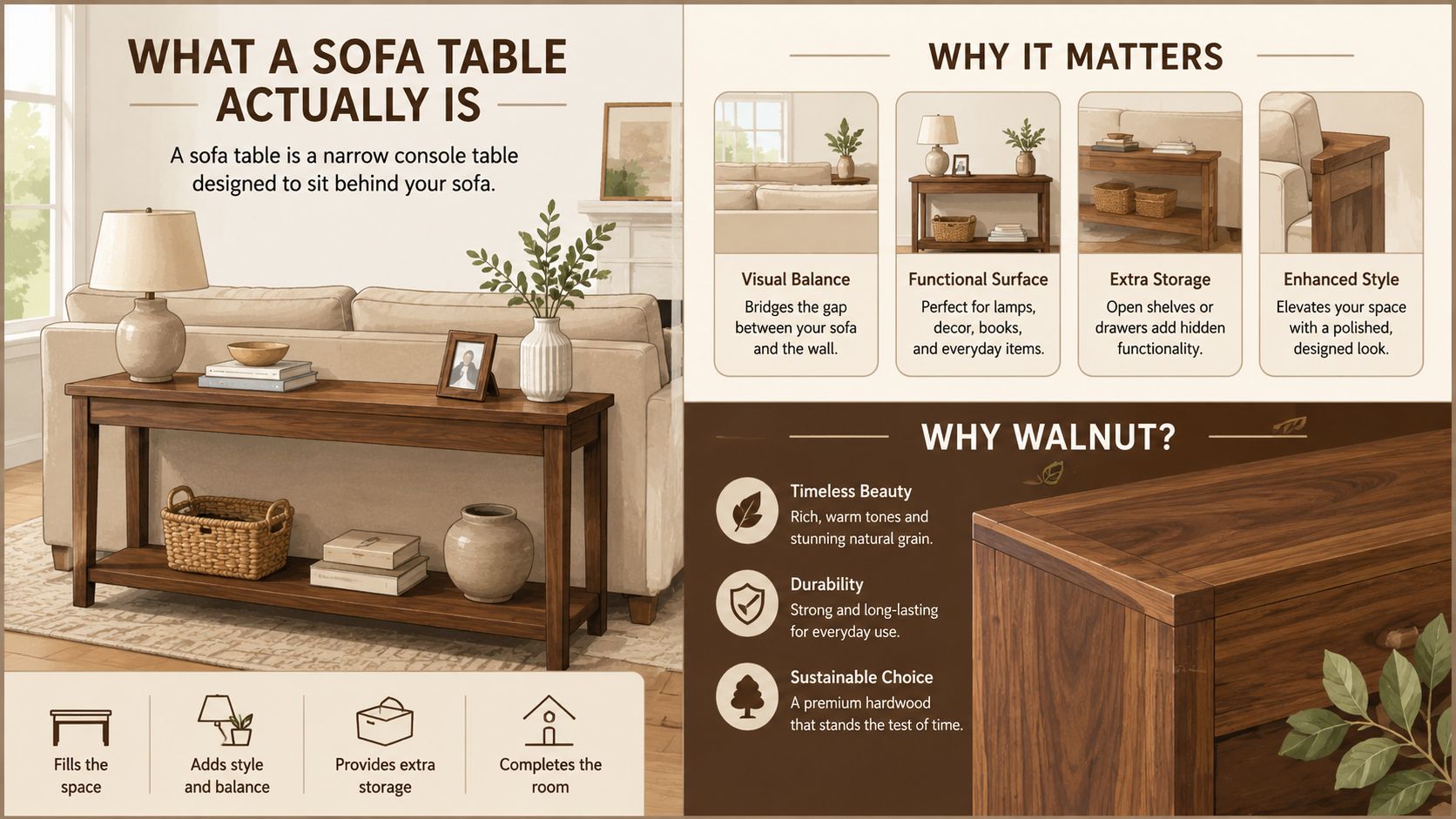 A wooden walnut sofa table placed behind a couch with decor, showcasing functionality and style benefits.