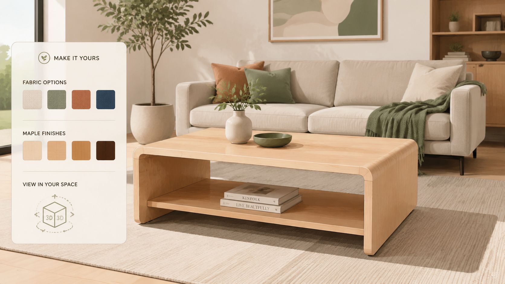 A minimalist living room featuring a modern maple coffee table in front of a neutral-toned sofa.