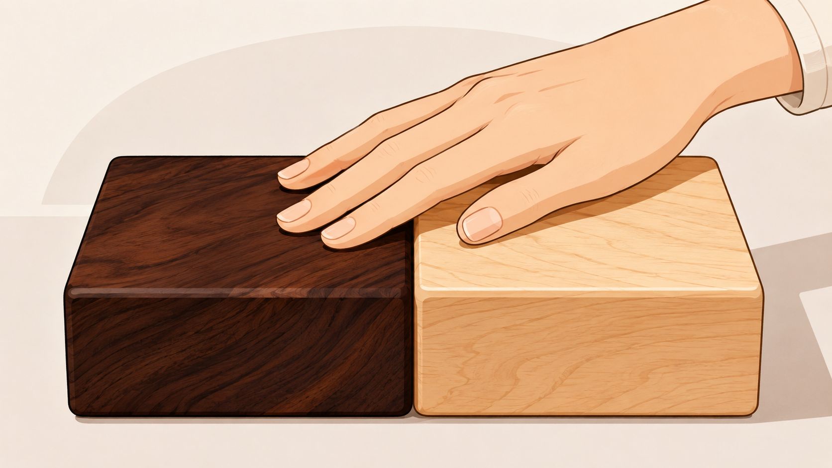 A hand rests on two wooden blocks, one made of dark walnut and one of light maple wood.