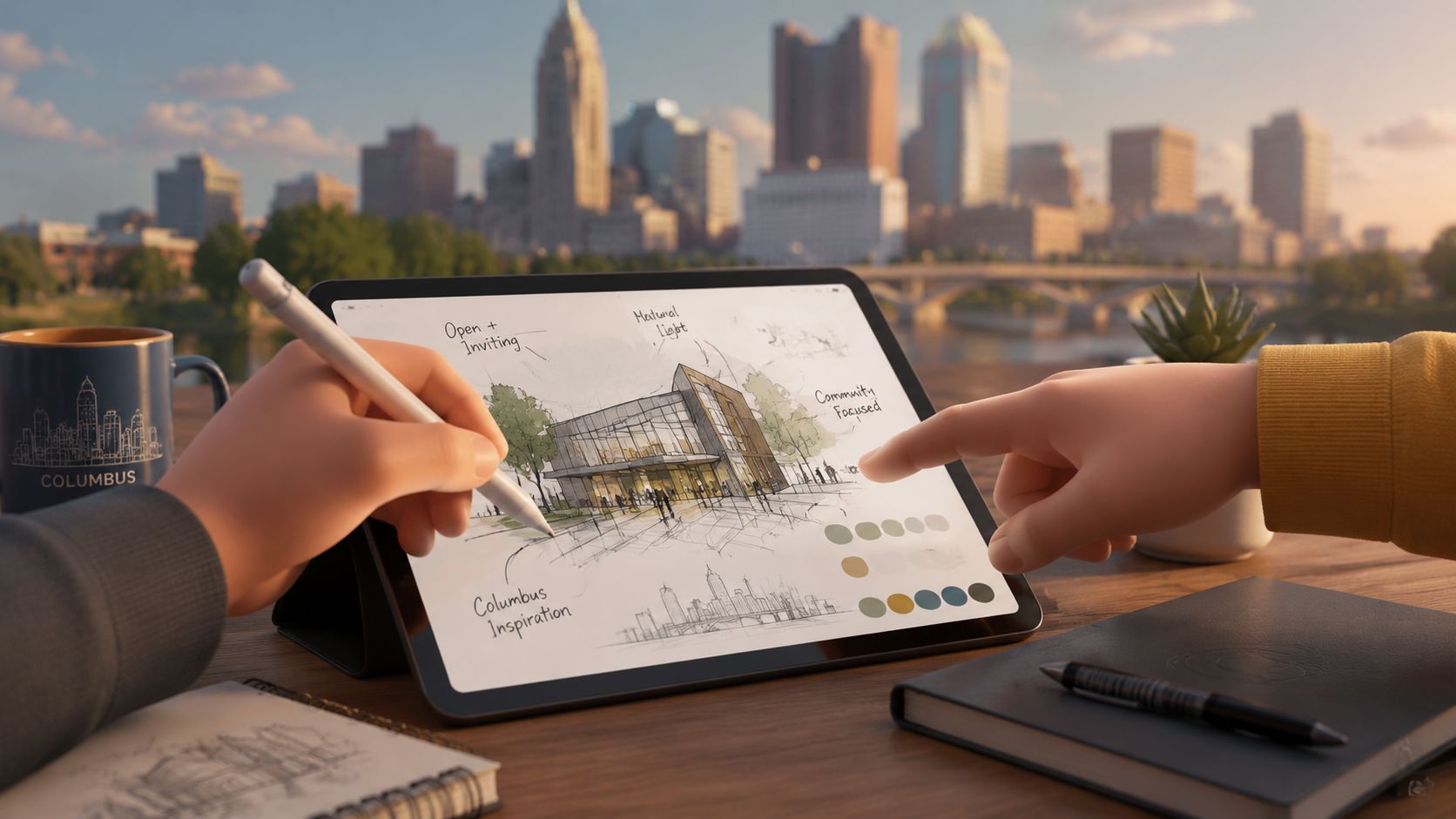 Designers collaborating on a modern architectural building project on a tablet overlooking the Columbus skyline.