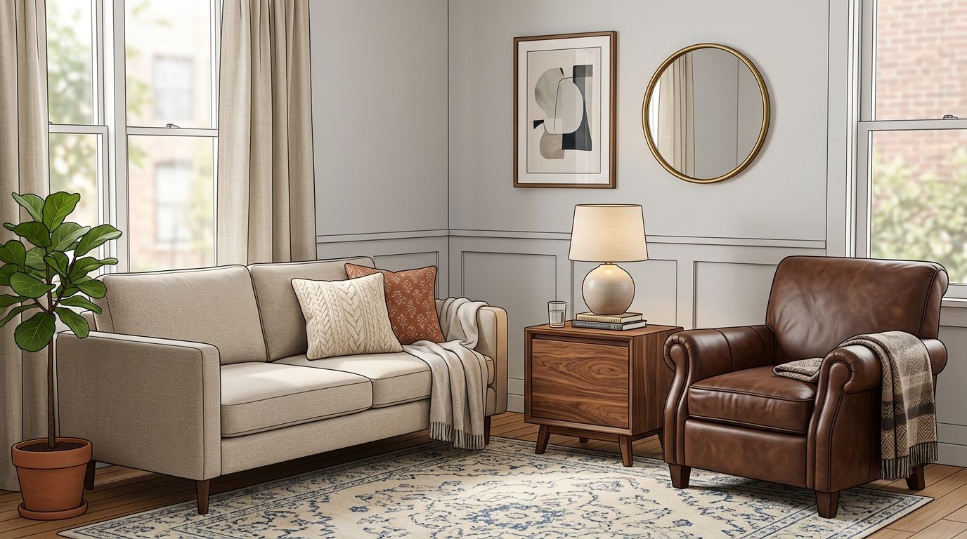 A cozy, sunlit living room featuring a beige sofa, brown leather chair, and elegant transitional home decor.