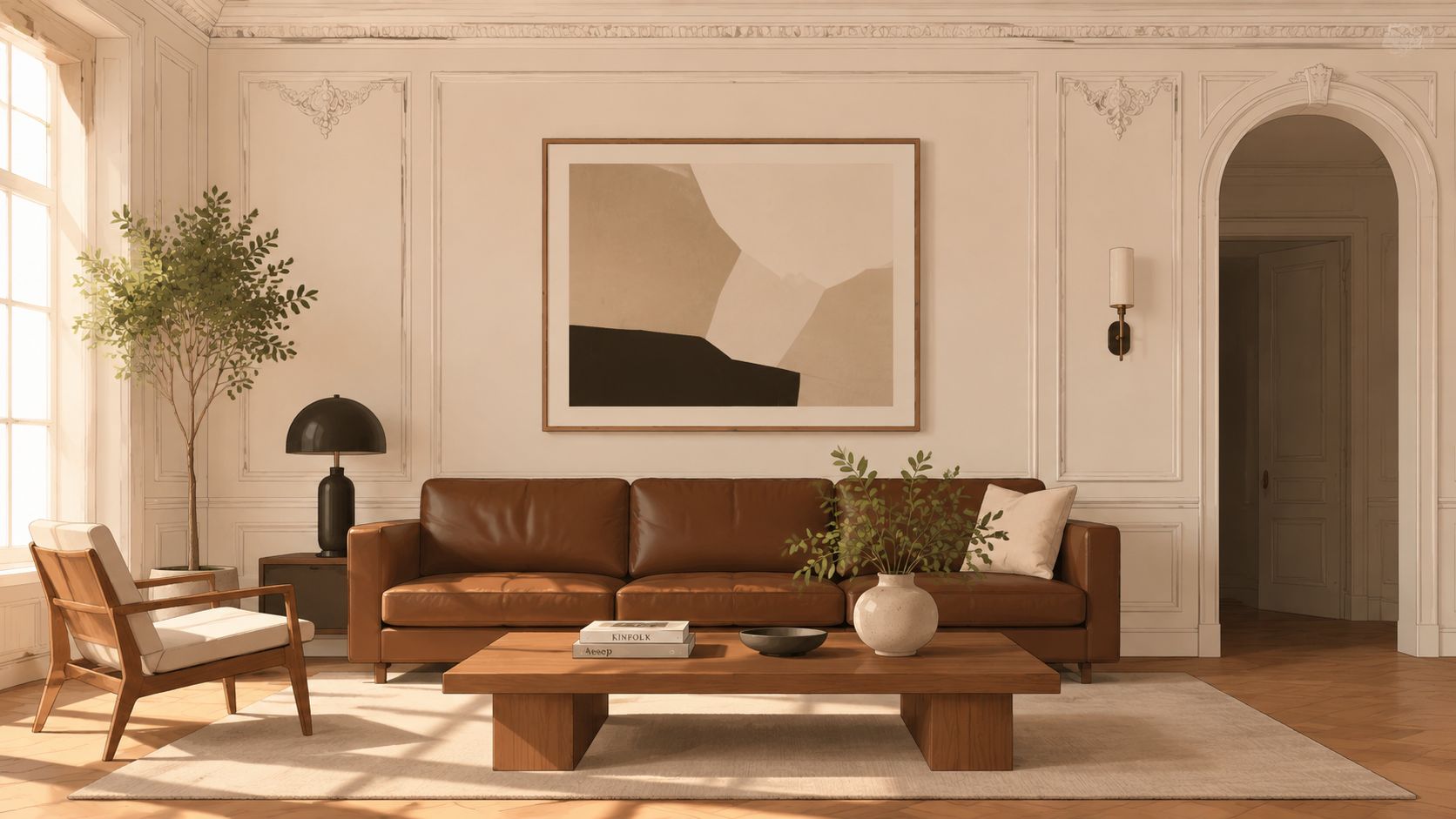 A sophisticated living room featuring a brown leather sofa, wooden coffee table, and elegant traditional wall moldings.