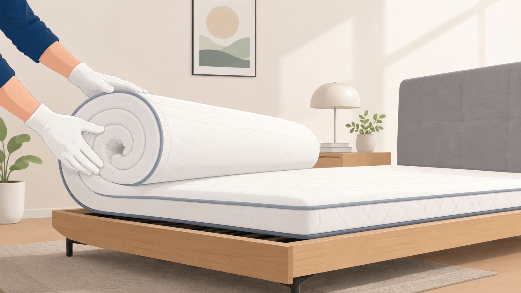 A person wearing white gloves unrolling a new white mattress onto a modern wooden bed frame.