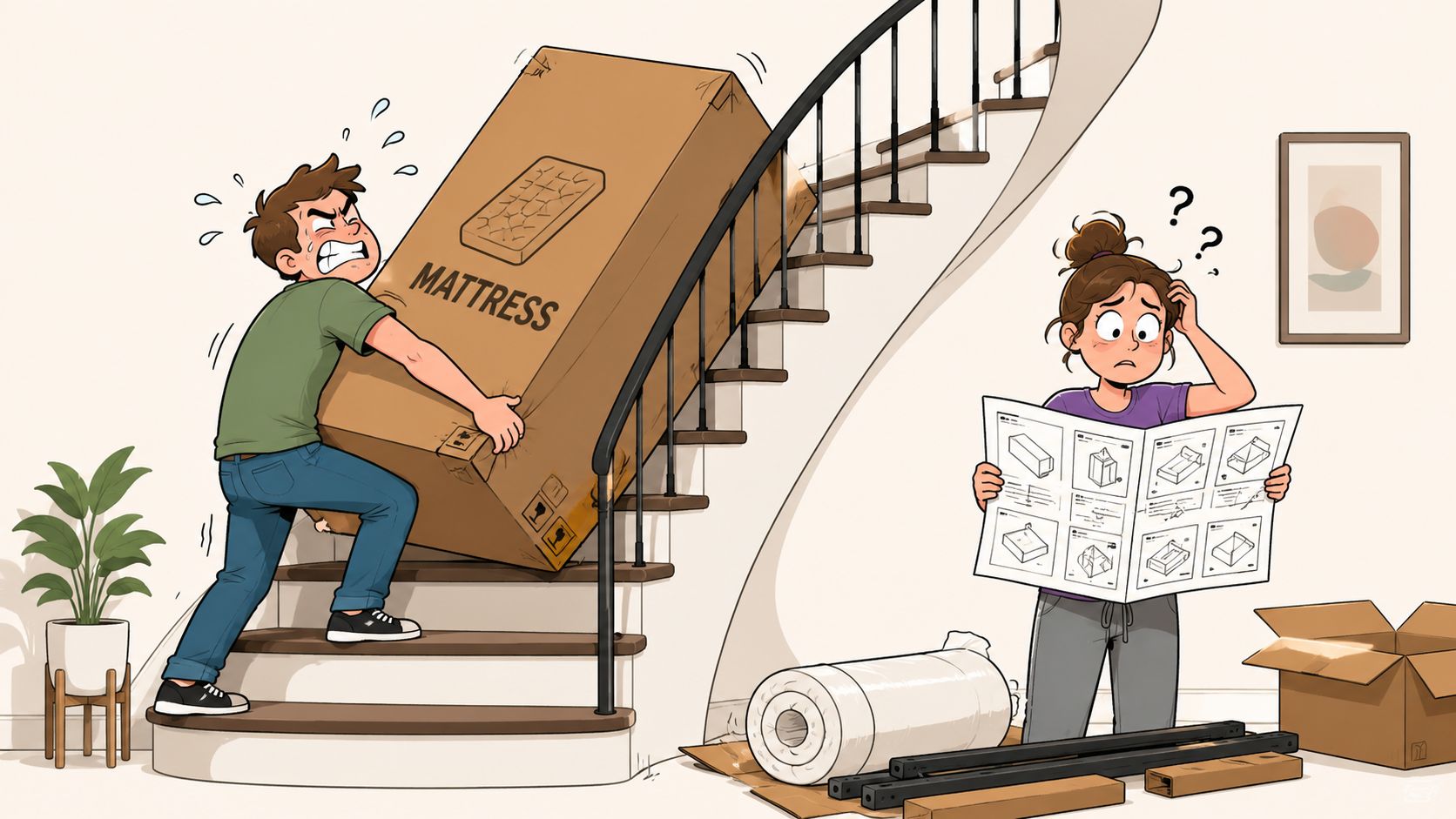 A man struggles to carry a heavy mattress box up stairs while a confused woman reads instructions.