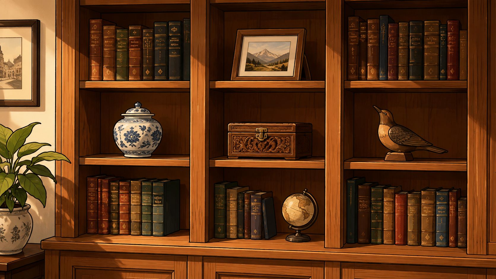A classic wooden bookshelf neatly organized with various books, a decorative jar, a wooden box, and bird figurine.