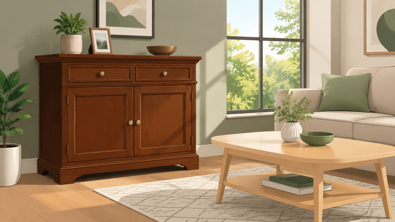 A classic dark cherry wood cabinet standing in a bright, modern living room next to a window.