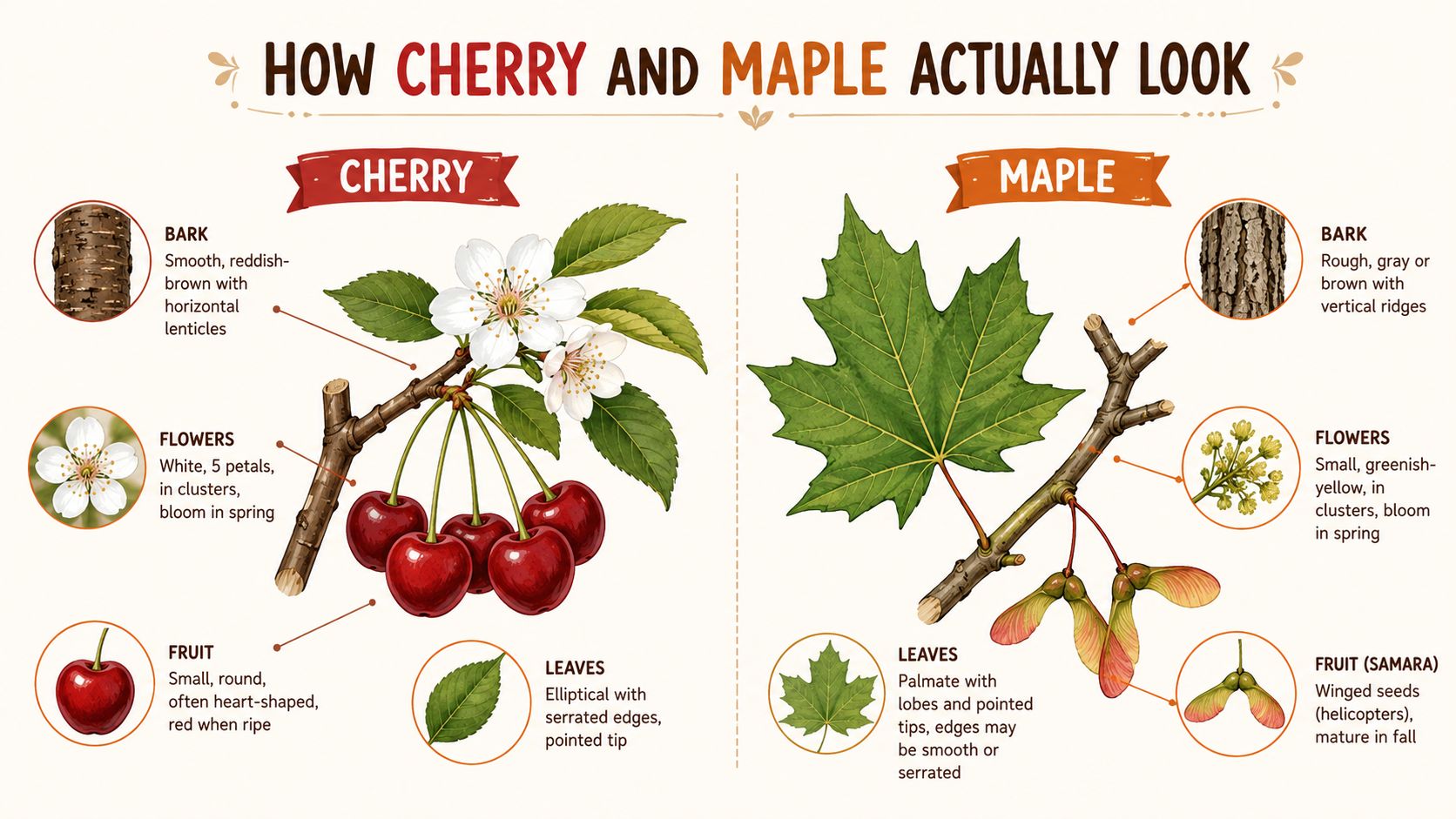 A botanical comparison chart illustrating the differences in bark, flowers, fruits, and leaves between cherry and maple trees.