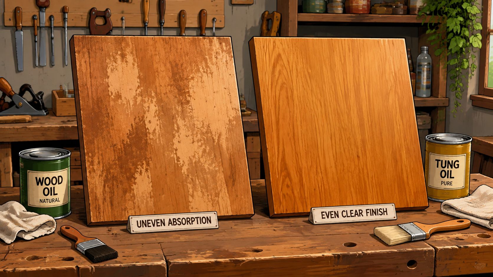 A woodworking comparison showing two wood boards, one with uneven absorption and one with even clear finish.