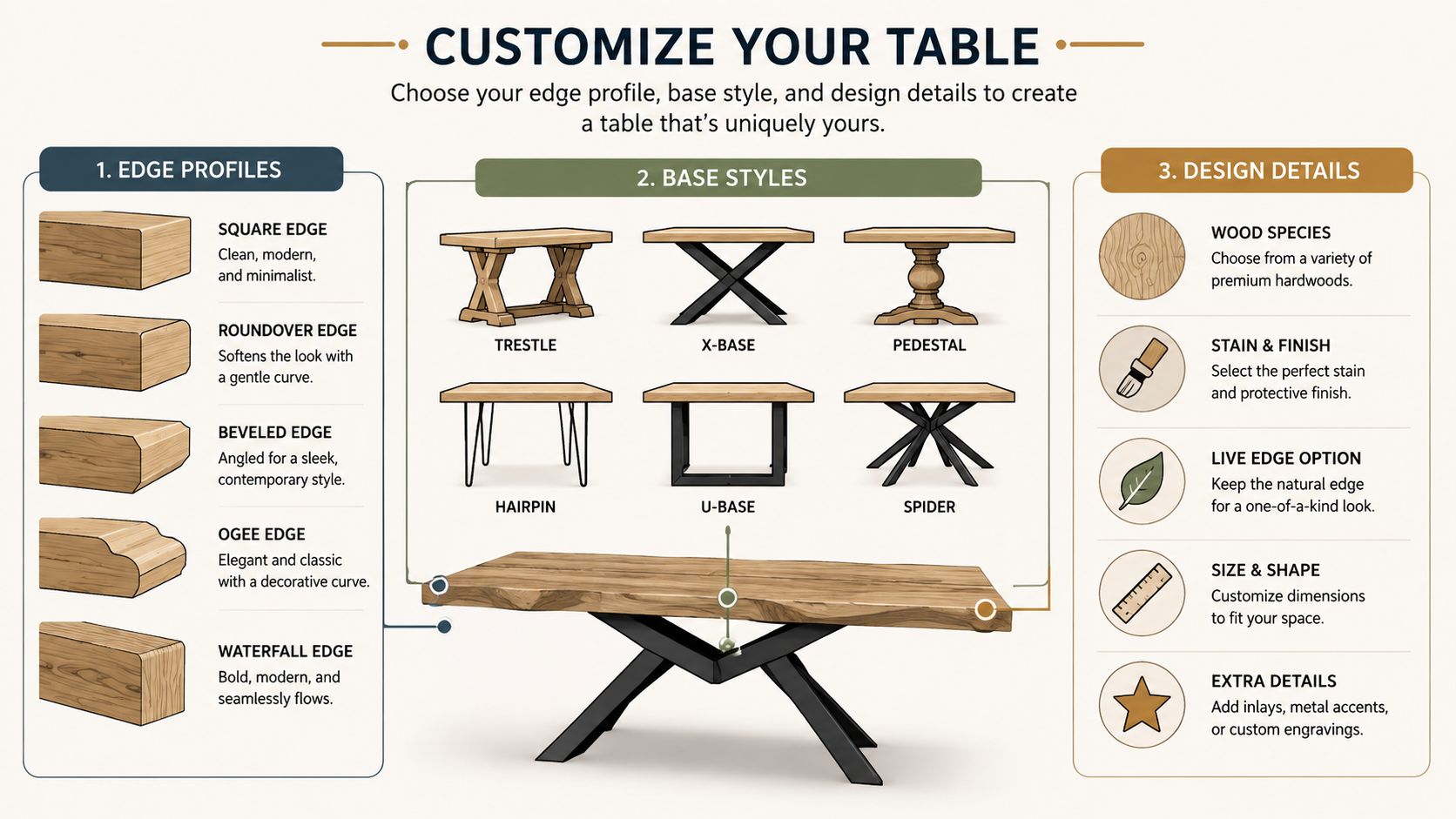 A visual guide illustrating options to customize a dining room table including edge profiles, base styles, and design details.