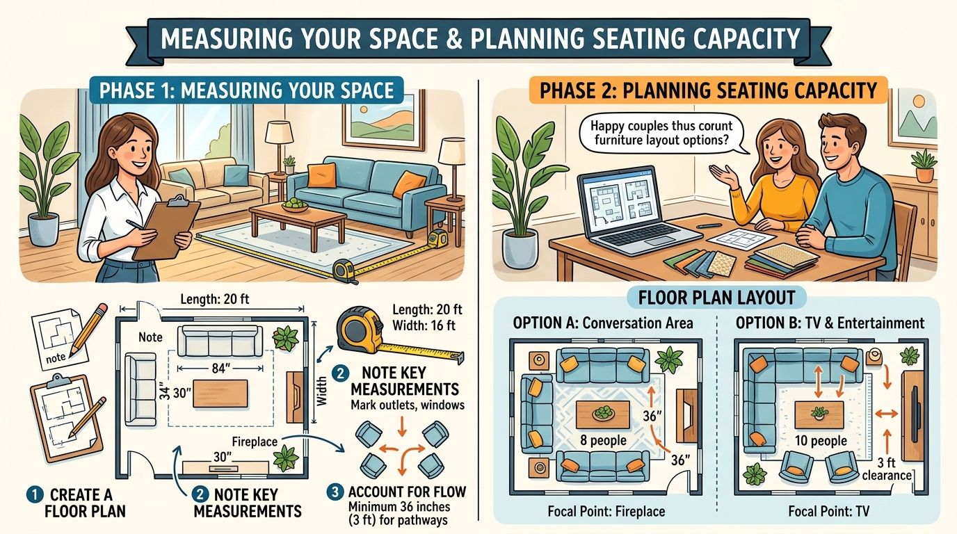 An infographic showing steps to measure space and plan furniture layout for home seating capacity.