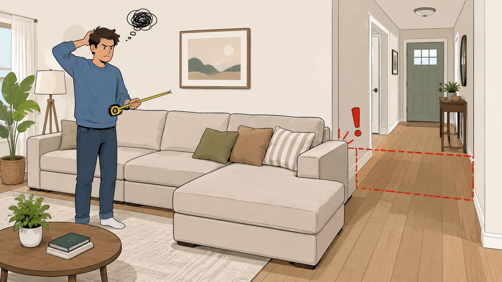 A man scratching his head while measuring a sectional sofa to ensure it fits the living room space.