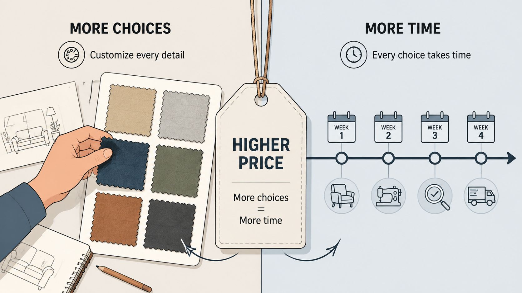 An illustration showing how customization choices for furniture lead to a longer production timeline and higher costs.