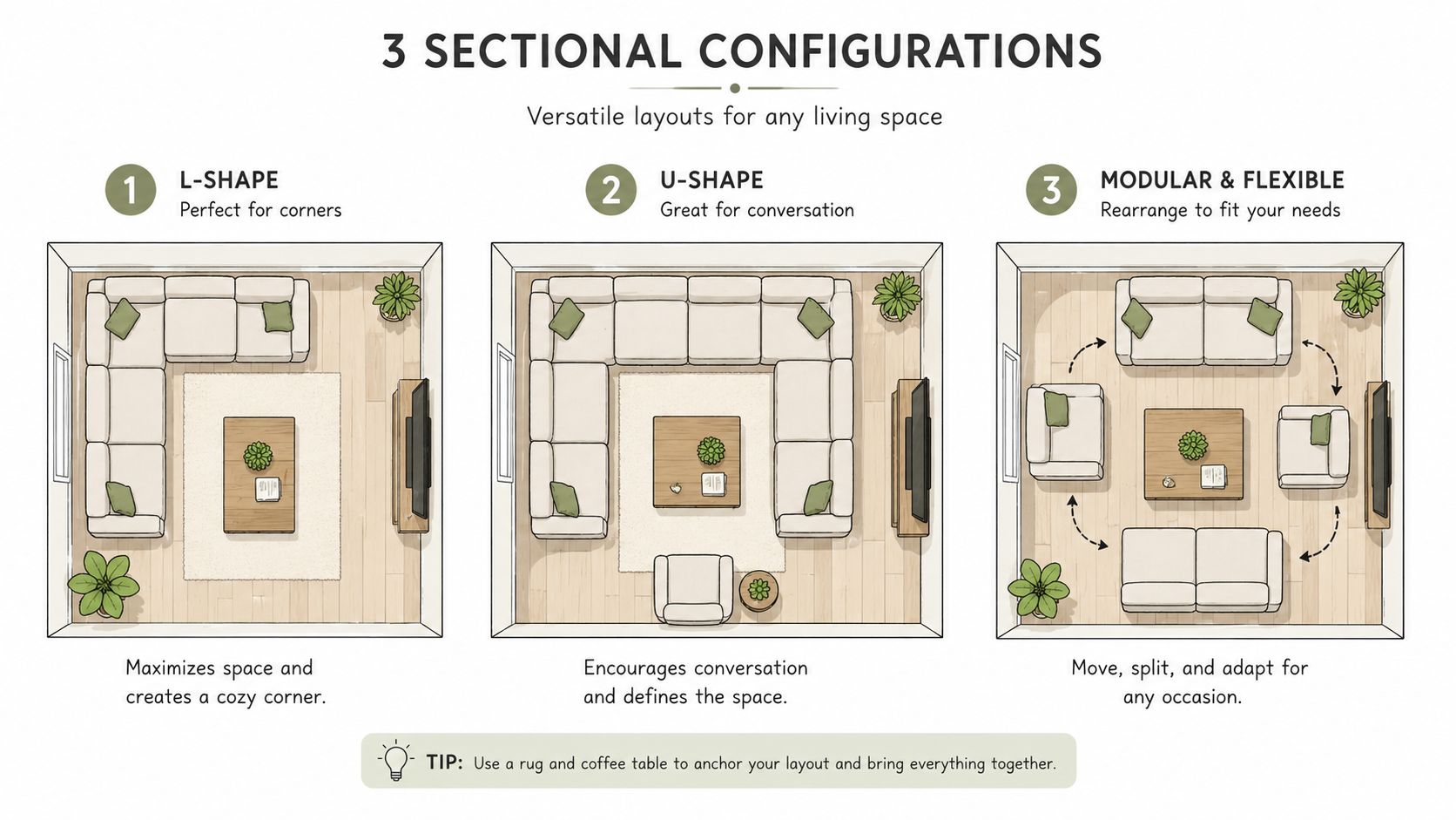 A diagram illustrating three different sectional sofa configurations including L-shape, U-shape, and modular layouts for living rooms.