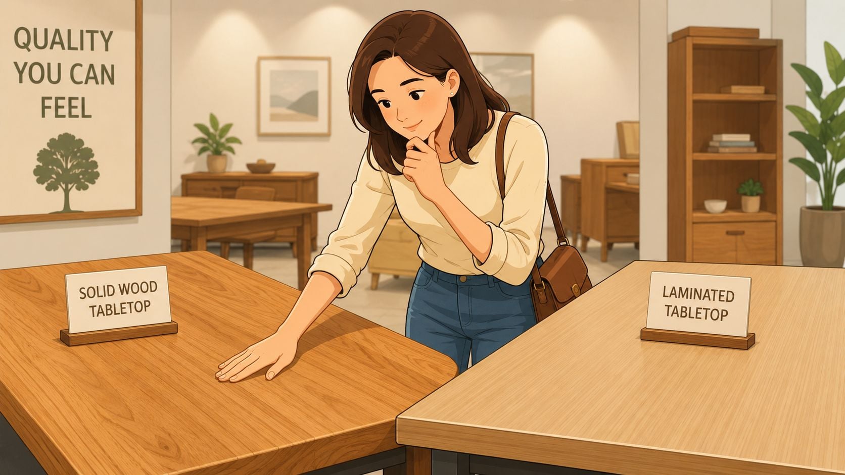 A woman shopping for furniture compares a solid wood tabletop to a laminated tabletop in a showroom.
